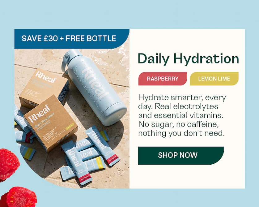 Daily Hydration — Raspberry & Lemon Lime. Hydrate smarter, every day. Real electrolytes and essential vitamins.  No sugar, no caffeine, nothing you don't need. Save £30 + FREE bottle.