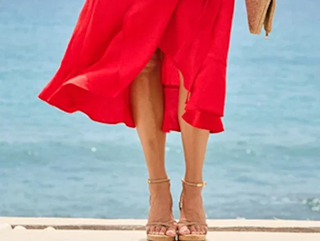 Summer Red Linen Blend Ruffle Hem Wrap Dress