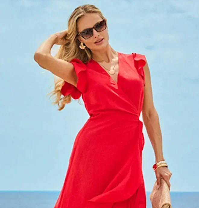 Summer Red Linen Blend Ruffle Hem Wrap Dress