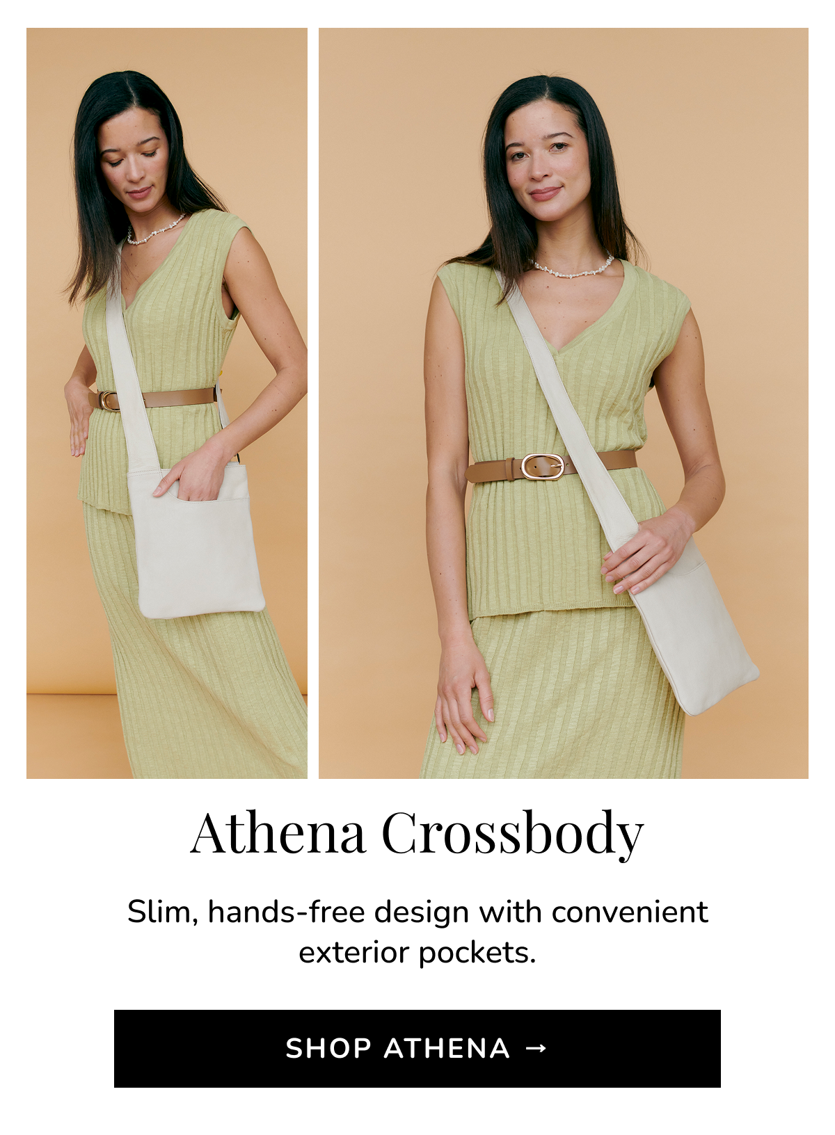 Athena Crossbody Slim, hands-free design with convenient exterior pockets. Shop Athena →