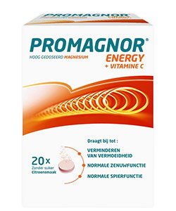 Box of PROMAGNOR Energy magnesium with vitamin C effervescent tablets, citrus flavour, 20 tablets, orange packaging