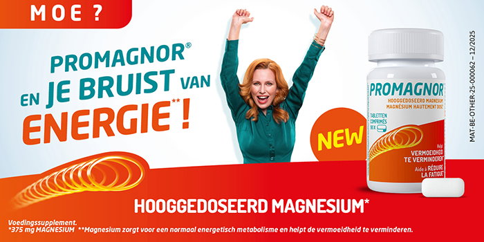 Promagnor high-dose magnesium supplement bottle with smiling woman raising arms, energetic red-orange branding promoting reduced fatigue and energy