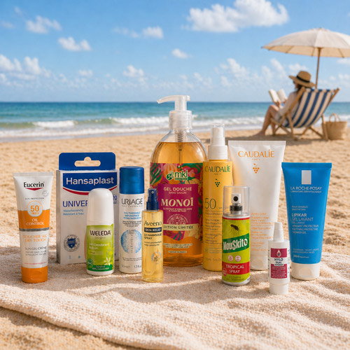 Assorted sunscreen and beach skincare products (SPF lotions, sprays, aftercare) on a towel by the sea with a sunbather under an umbrella