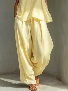 Image of Elegant Plain Buttoned Wide Leg Pants