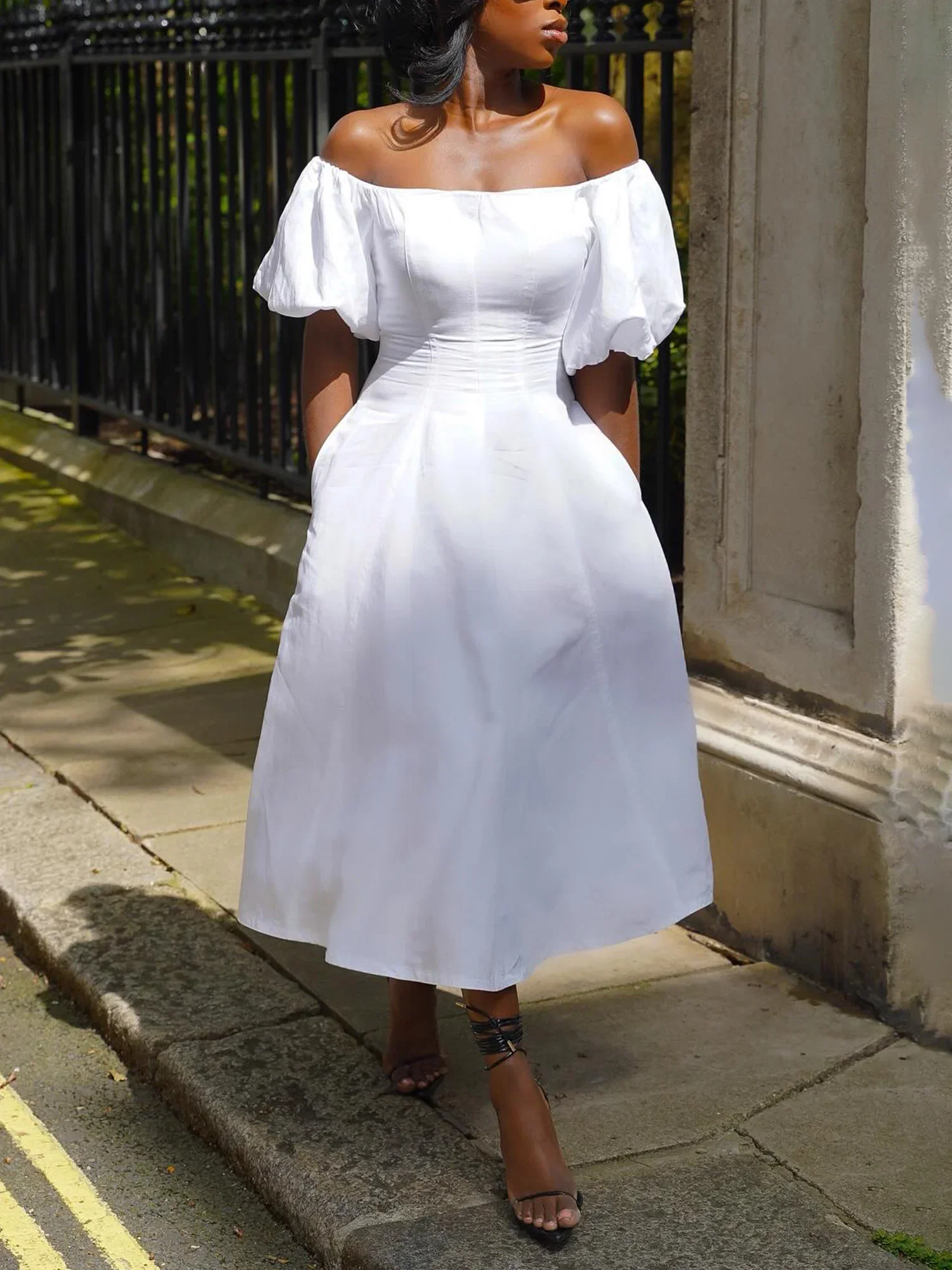 Image of Cotton Urban Plain Puff Sleeve Cold Shoulder Midi Dress