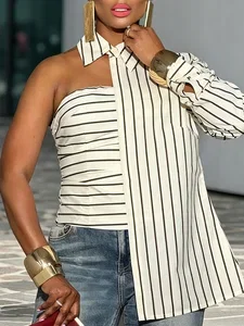 Image of Urban Striped Irregular Craftsmanship One Shoulder Sleeve Blouse