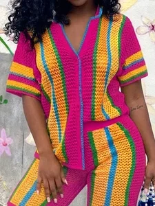 Image of Casual Color Block Buttoned Shawl Collar Knit Top
