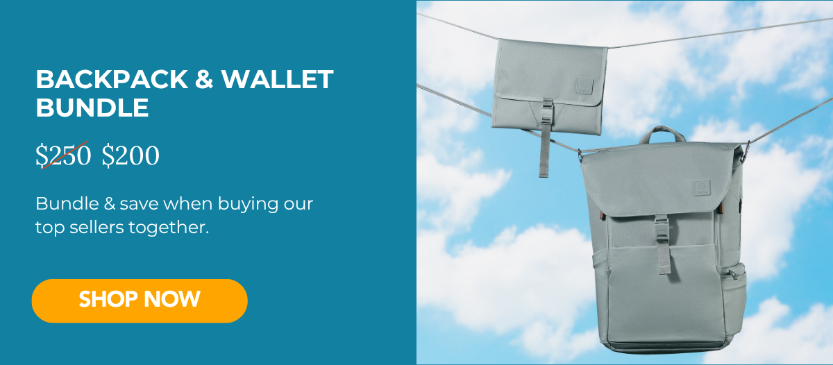 picture of green wallet and backpack