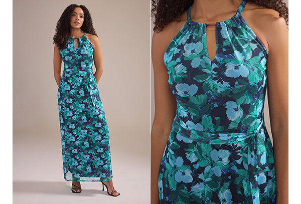 M&Co Green Floral Print Halter Neck Mesh Maxi Dress