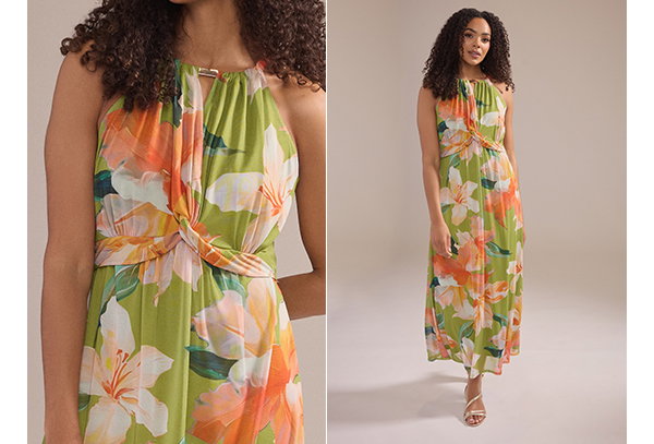 M&Co Green Floral Print Mesh Knot Front Halter Maxi Dress