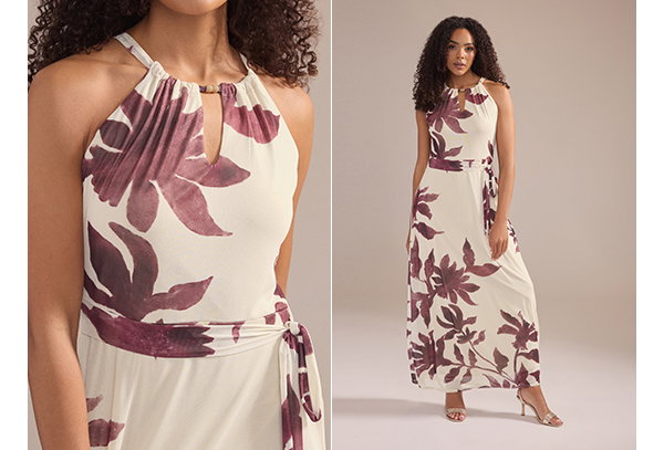 M&Co Natural Brown Floral Print Halter Neck Mesh Maxi Dress
