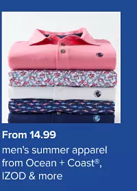 A stack of folded polos. From 14.99 men's summer apparel from Ocean and Coast, Izod and more.
