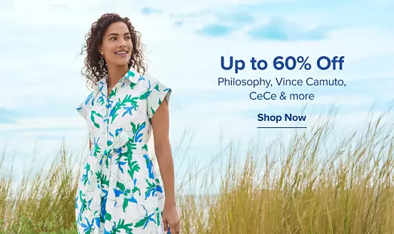 A woman in a white, blue and green dress. Up to 60% off Philosophy, Vince Camuto, CeCe and more. Shop now.