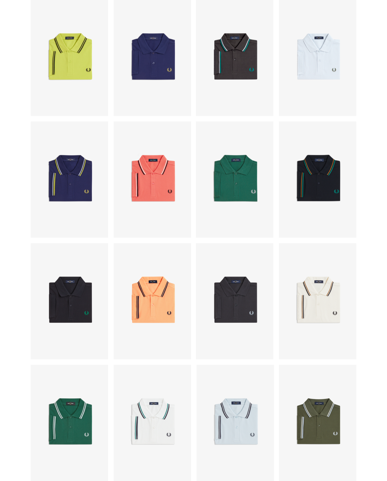 a selection of Fred Perry Shirts folded up in various colourways