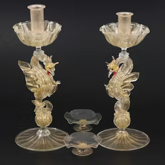 Salviati Murano Art Glass Dragon Candlesticks with Ashtrays, Early 20th Century