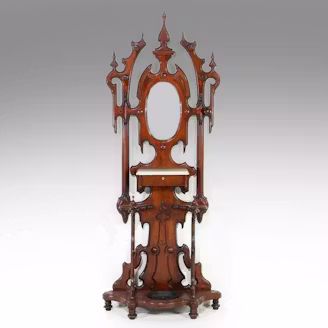 Victorian Gothic Revival Carved Walnut and Marble Hall Tree, Late 19th Century