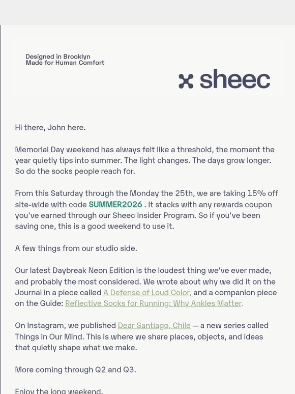 20% off this weekend — a note from John at Sheec