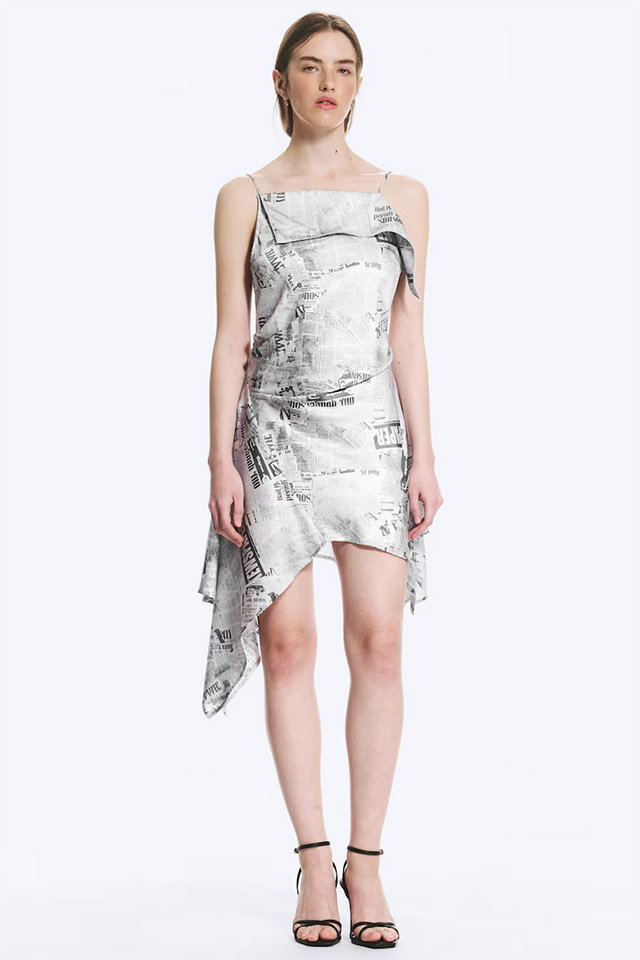 ASYMMETRIC SLEEVELESS COWL-NECK MIDI DRESS