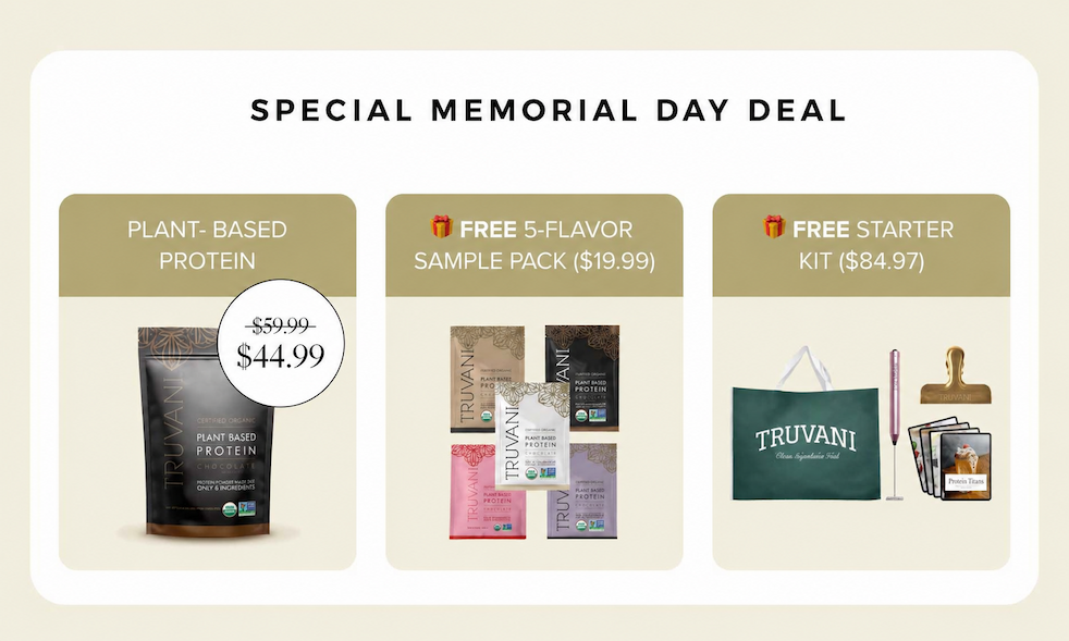 Today's Deal: - Plant-Based Protein - FREE Starter Kit - FREE Best-Selling Protein Sample Pack