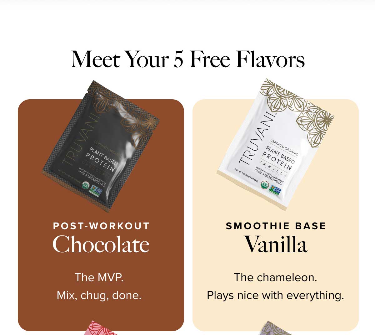 MEET YOUR 5 FREE FLAVORS | POST-WORKOUT → Chocolate  - SMOOTHIE BASE → Vanilla 