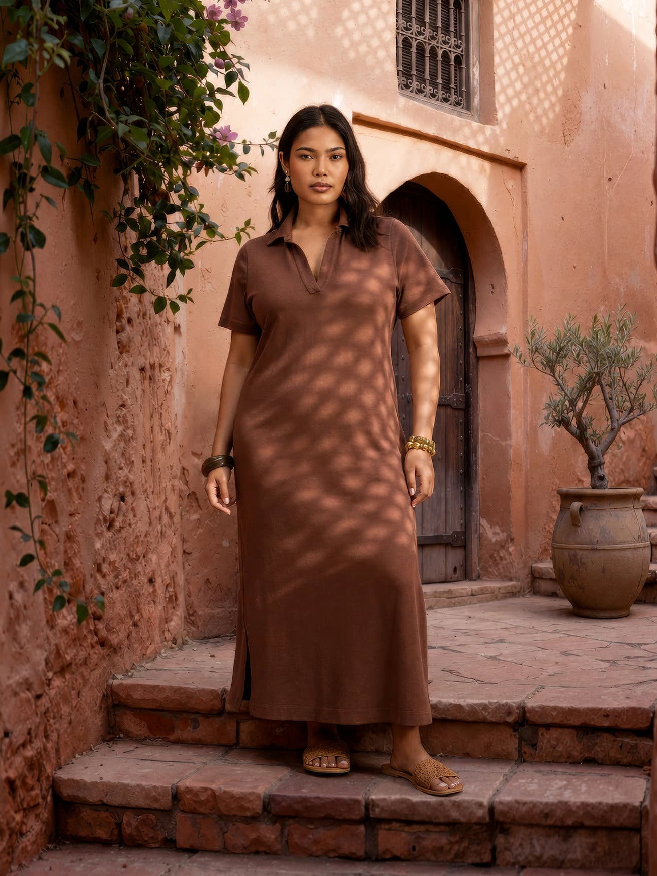 Chocolate Brown Slub Jersey Polo Collared Midi Dress