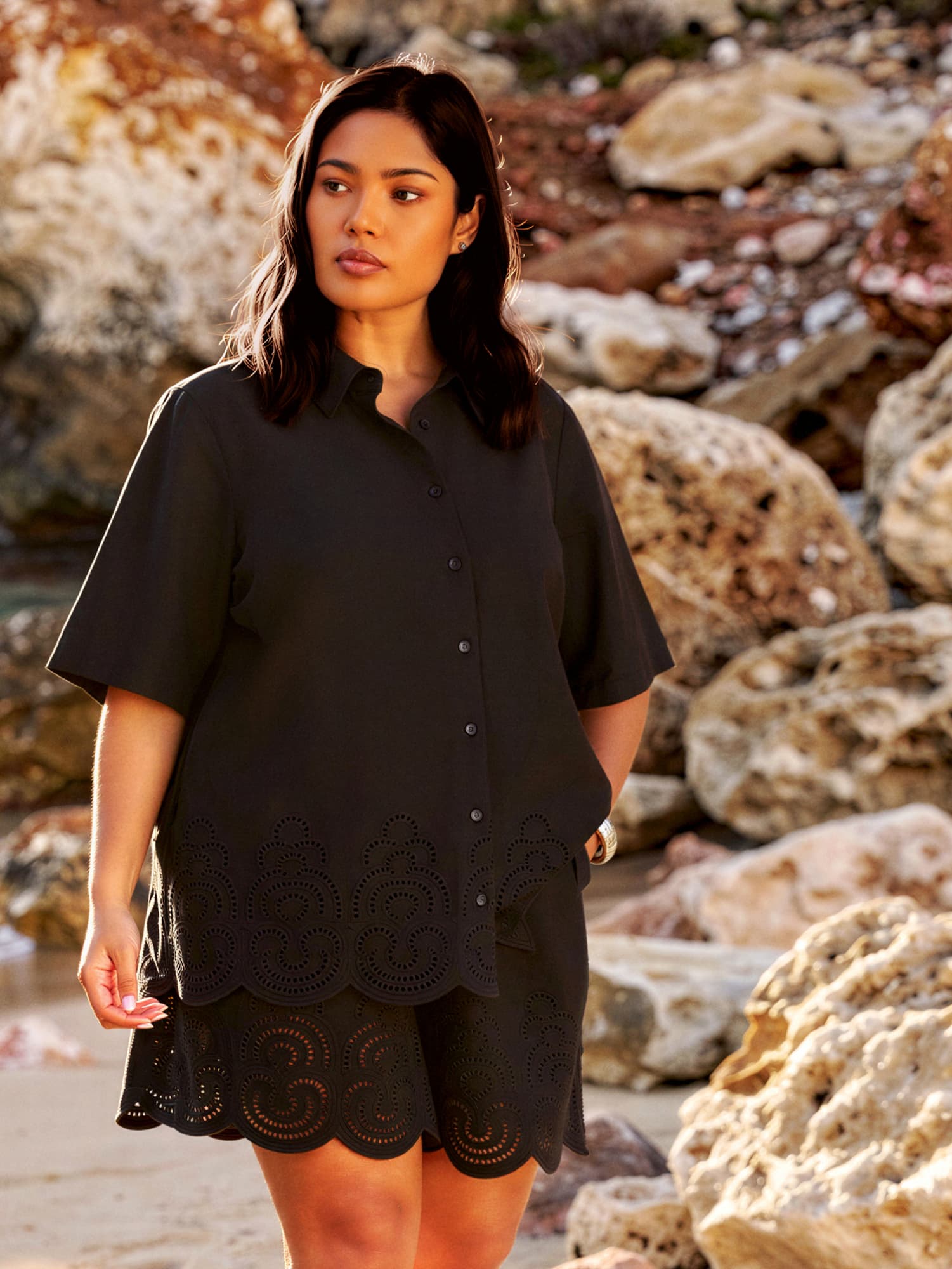 Black Linen Blend Broderie Shirt