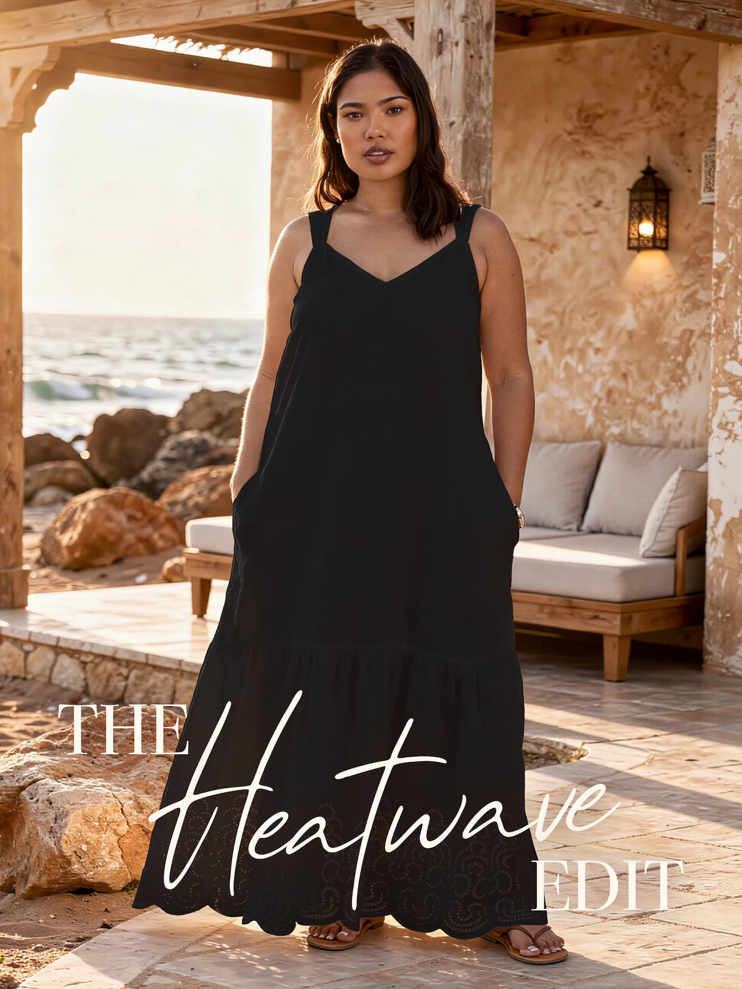 Black Linen Blend Broderie Maxi Dress