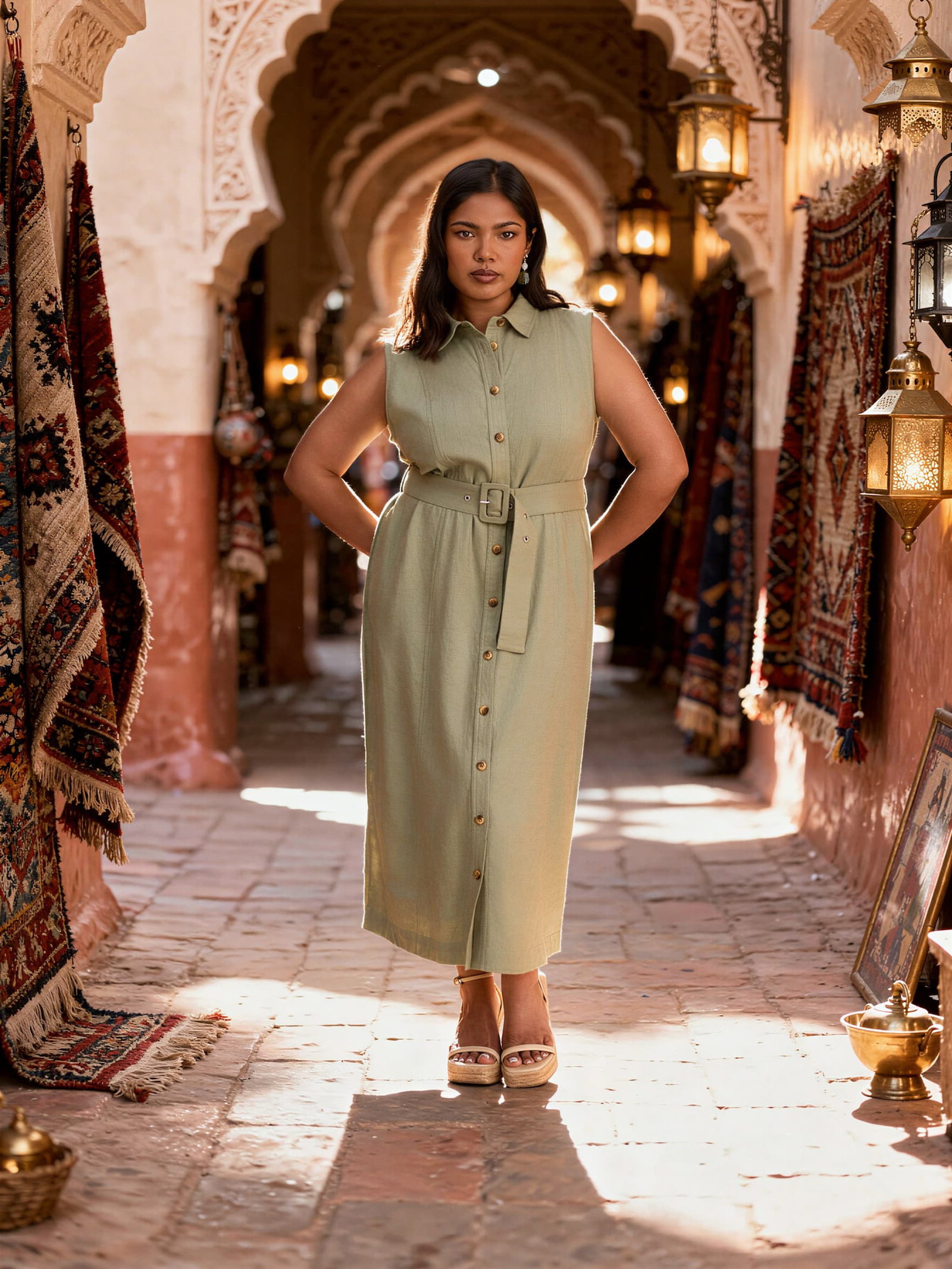 Green Linen Blend Belted Midi Shirt Dress