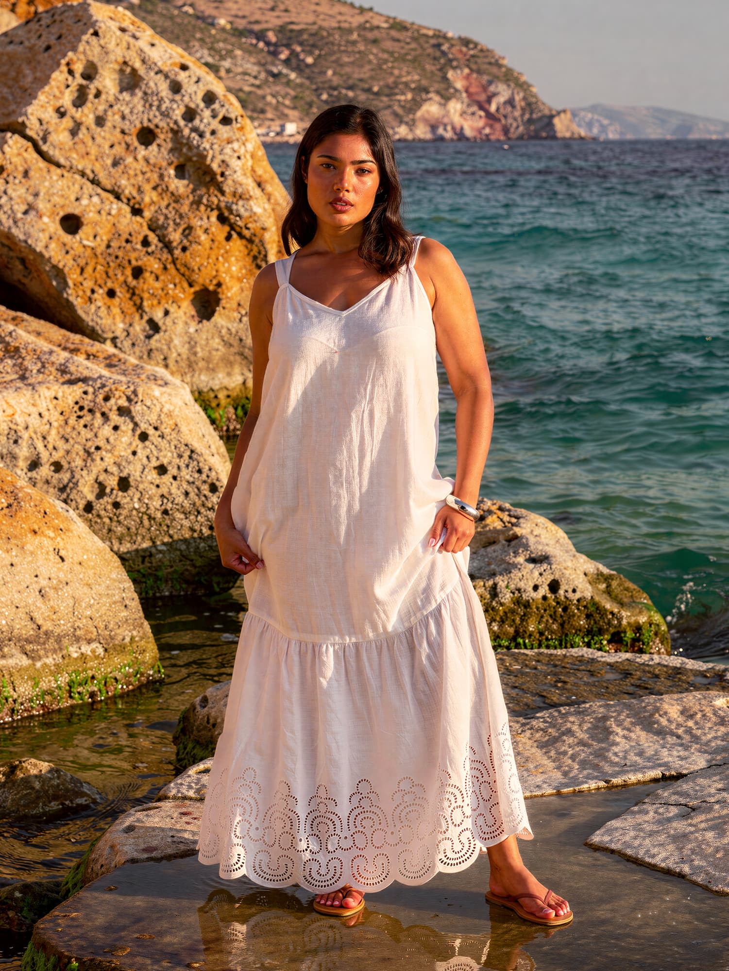 White Linen Blend Broderie Maxi Dress