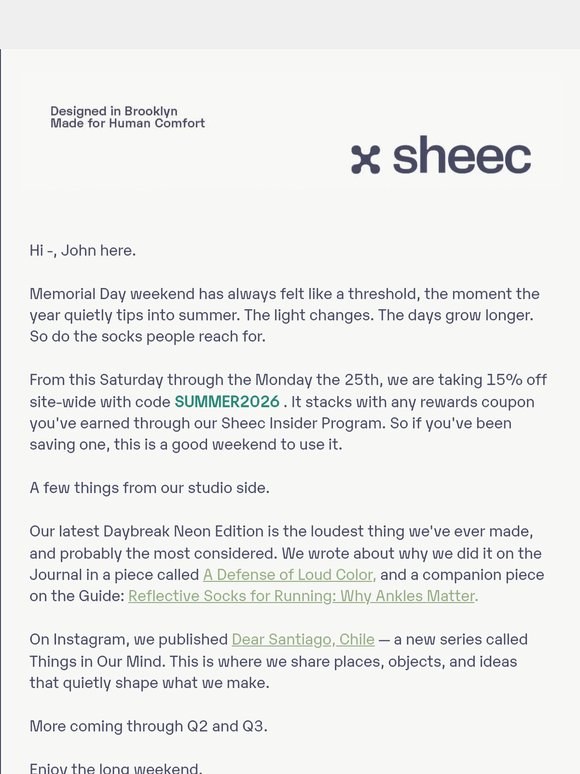 15% off this weekend — a note from John at Sheec