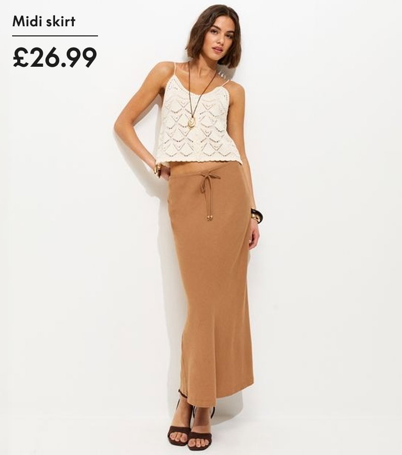 Tan Linen Look Bias Cut Midi Skirt