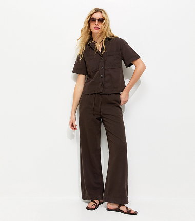 Dark Brown Cotton Twill Drawstring Wide Leg Trousers