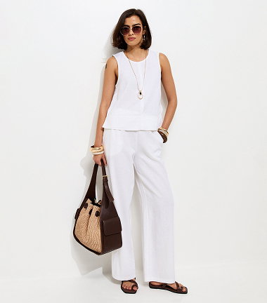 White Linen Blend Wide Leg Trousers
