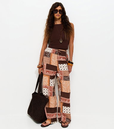 Brown Patchwork Wide Leg Trousers