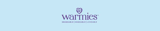Warmies logo on blue. Shop Warmies.