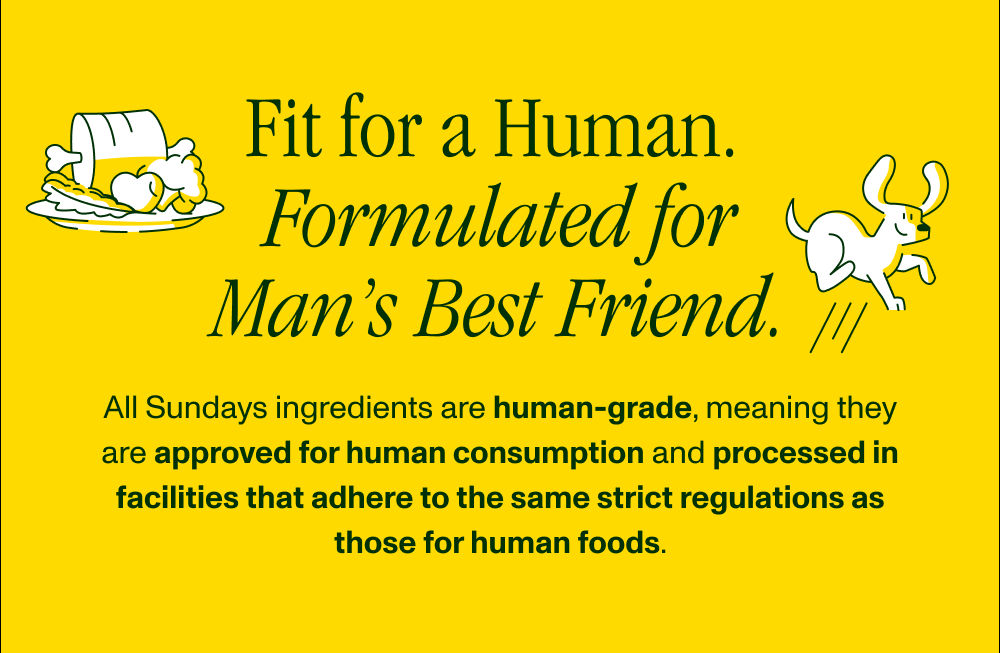 Fit for a Human. Formulated for Man’s Best Friend.  All Sundays ingredients are human-grade, meaning they are approved for human consumption and processed in facilities that adhere to the same strict regulations as those for human foods. 