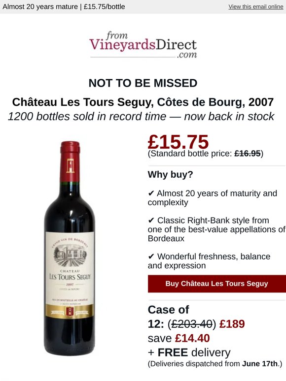 Fastest Selling Red Back in Stock — 2007 Château Les Tours Seguy