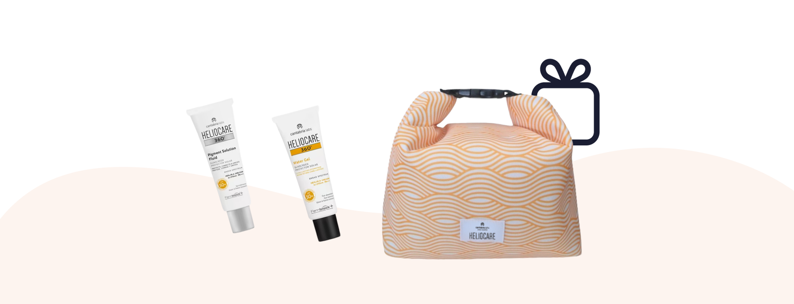 Two Heliocare SPF sunscreen tubes beside an orange wave-patterned insulated cosmetic bag with handle and gift icon