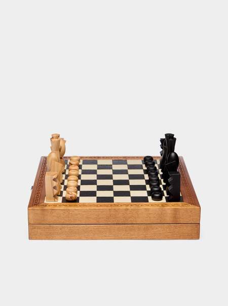 Wood and Leather Travel Chess and Backgammon Set