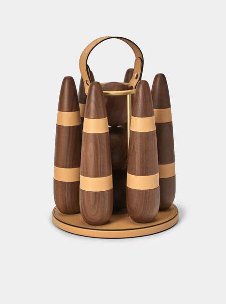 Leather and Walnut Bowling Set