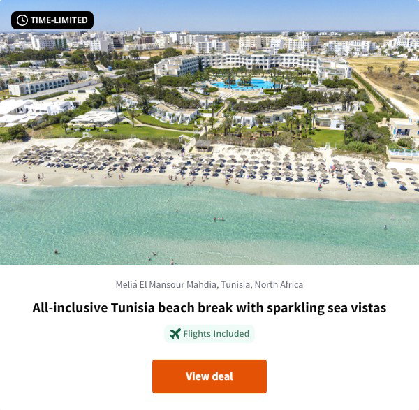 All-inclusive Tunisia beach break with sparkling sea vistas