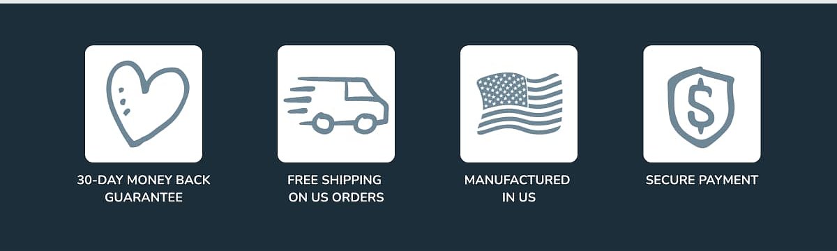 30-day money back guarantee, free shipping on US orders, manufactured in US, secure payment.