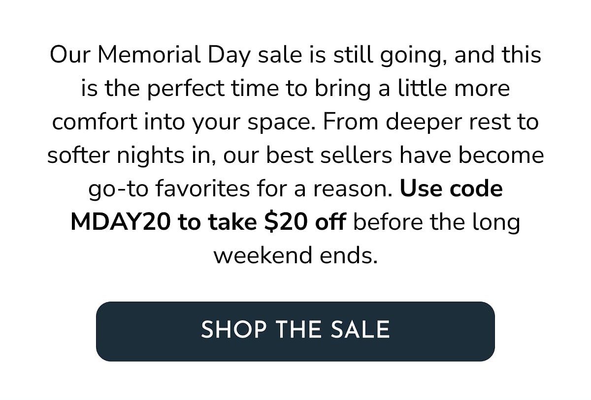 Memorial Day sale announcement with discount code MDAY20 for $20 off.