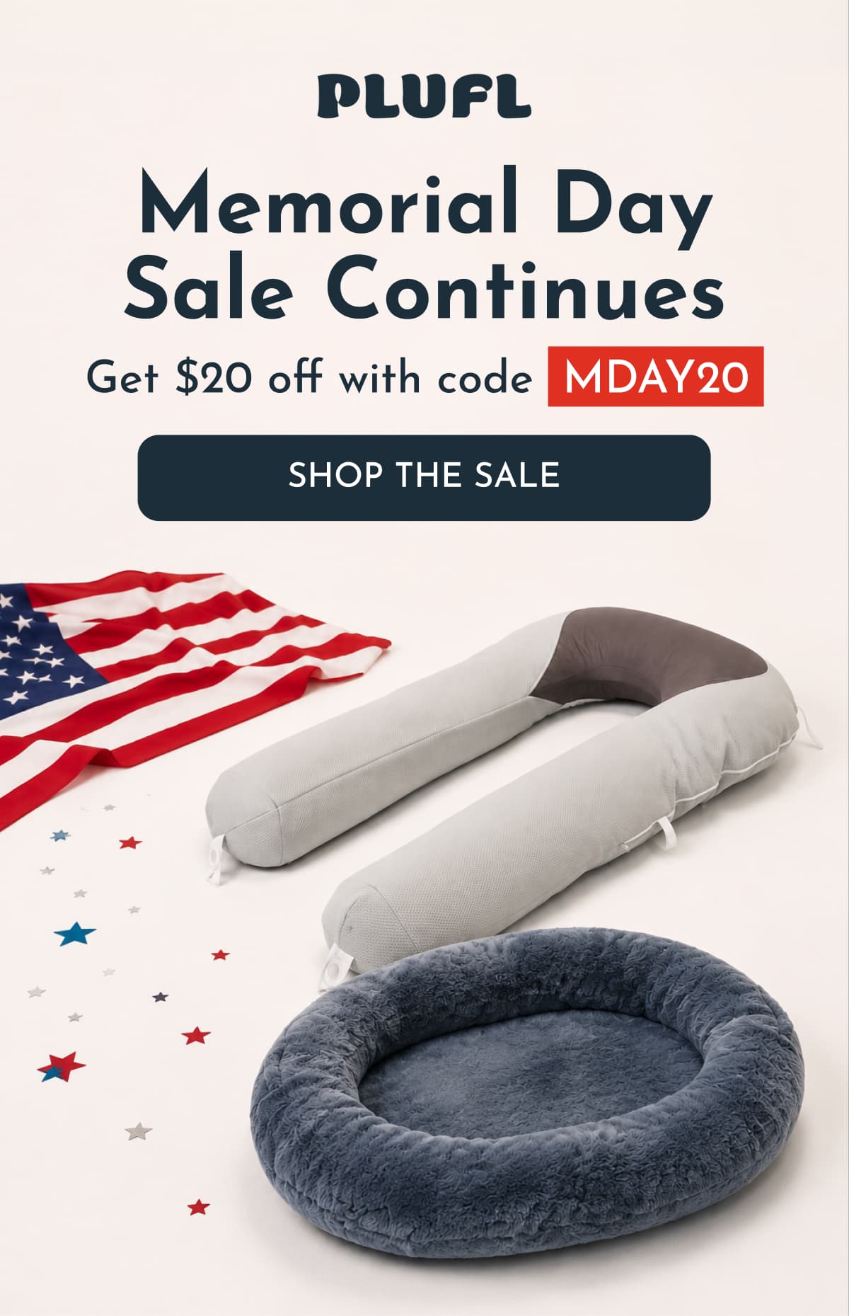 Memorial Day sale with a dog bed, a pet lounge, and an American flag.