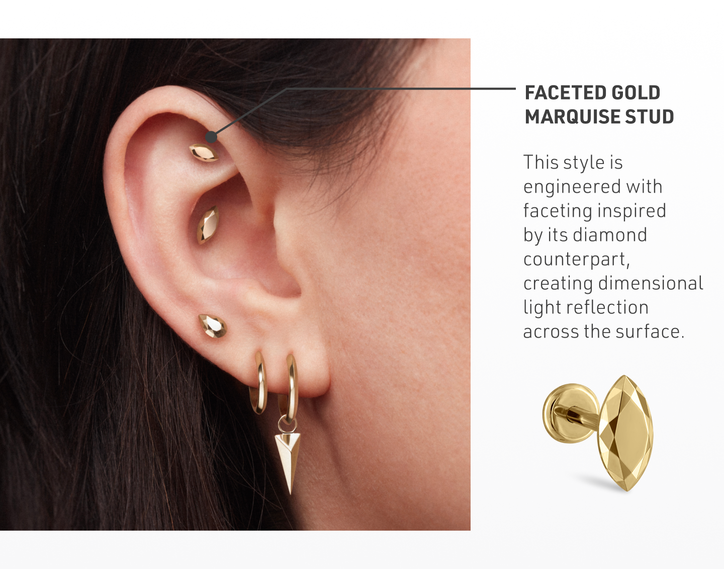 Faceted Gold Marquise Threaded Stud Earring