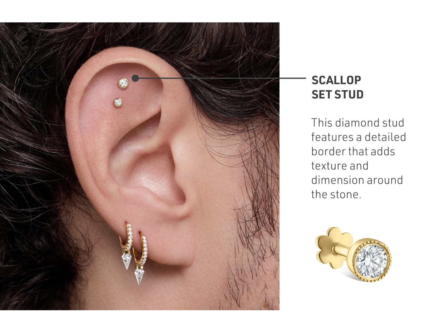 Scalloped Set Diamond Threaded Stud Earring