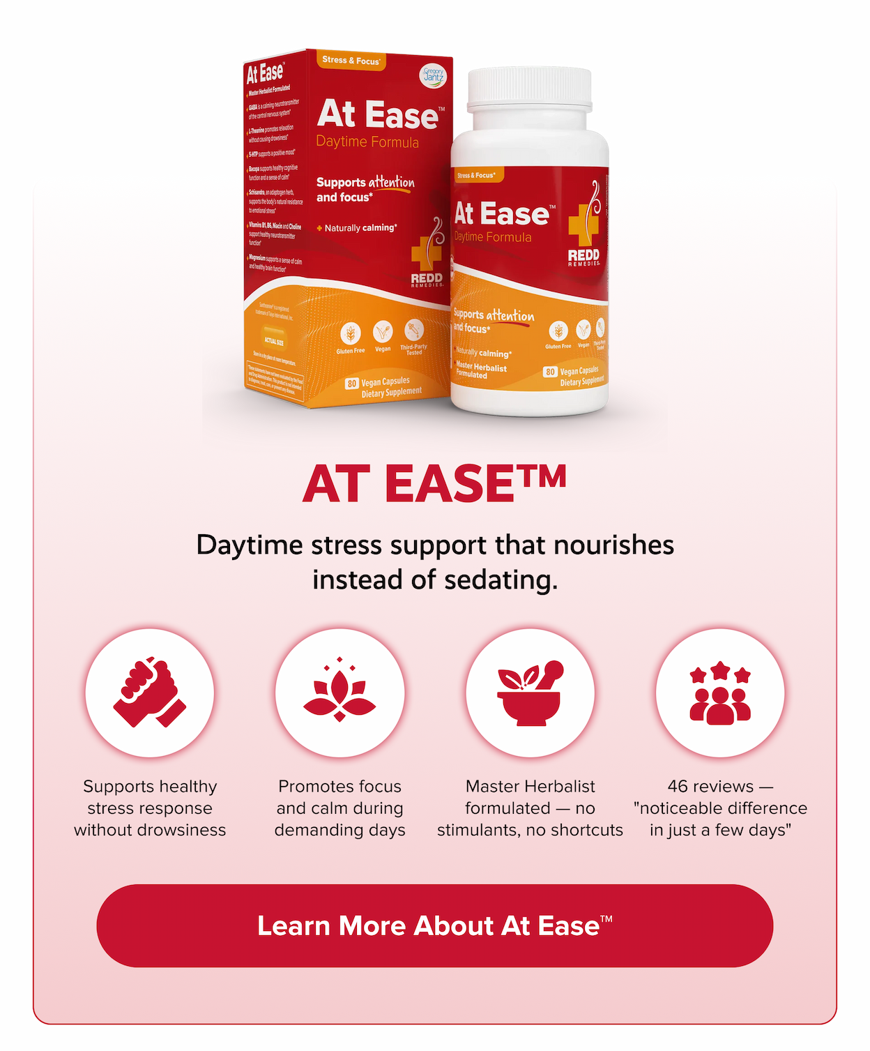 AT EASE™ | Daytime stress support that nourishes instead of sedating. | Learn More About Peaceful Mama™