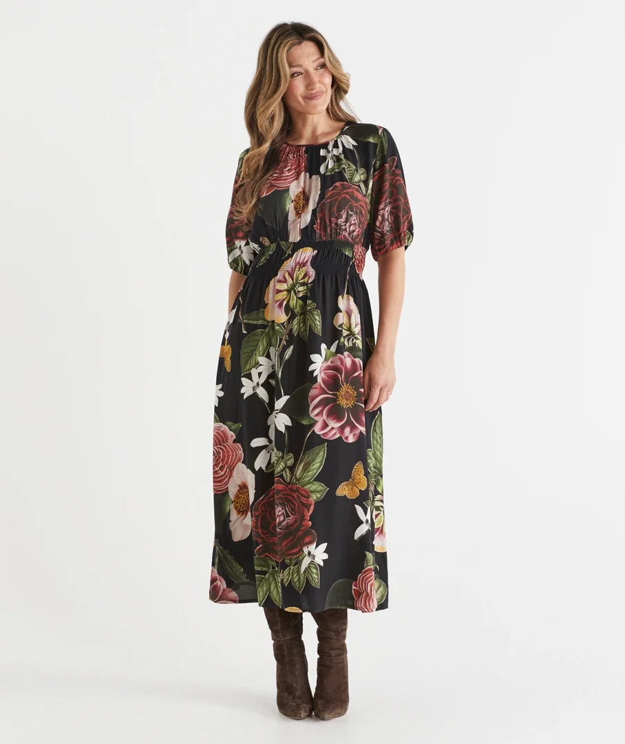 Night Bloom Shirred Waist Dress