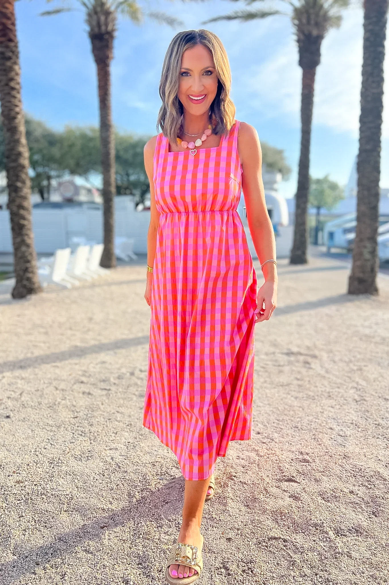 Image of SSYS Jessie Pink and Orange Gingham Fitted Bow Back Maxi Dress