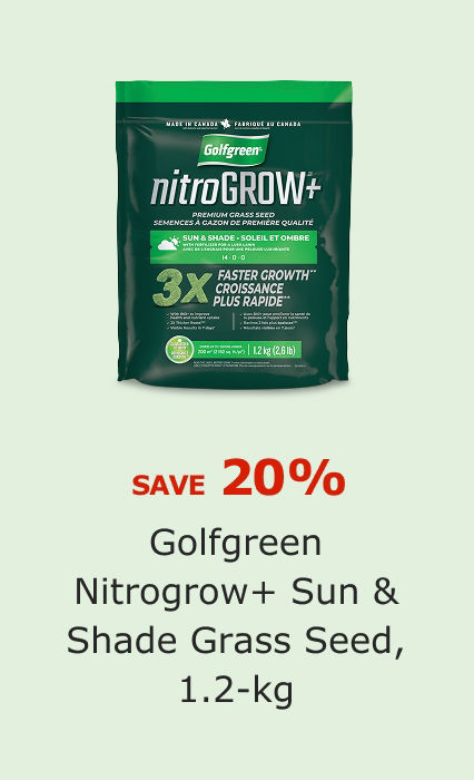 SAVE 20%. Golfgreen Nitrogrow+ Sun & Shade Grass Seed, 1.2-kg.